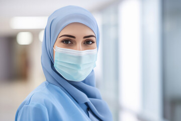 Fototapeta na wymiar Young woman wearing face mask and hijab