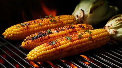 Corn on the grill. Corn cobs cooked with herbs and spices on a barbecue grill.  - Powered by Adobe