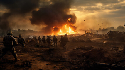 Soldiers fighting to protect their homeland amidst the flames of bombing