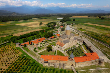 Alaverdi Monastery Complex aerial panoramic view in Kakheti, Georgia. High quality photo