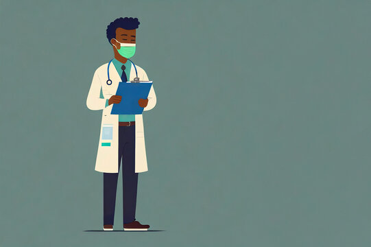 Ilustra&ccedil;&atilde;o minimalista de um m&eacute;dico usando m&aacute;scara segurando uma prancheta, espa&ccedil;o para c&oacute;pia