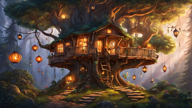 A treehouse in a magical forest, lit by enchanted lanterns, with the sounds of mystical creatures echoing through the night