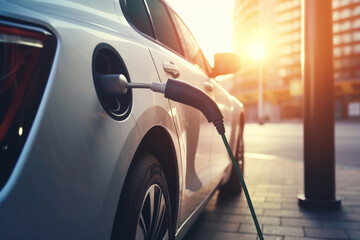 A hybrid electric car silently charging at a charging station. The car uses clean energy without harming the environment