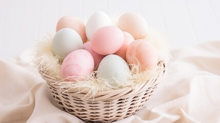 Fototapeta na wymiar Colorful Easter eggs in basket background
