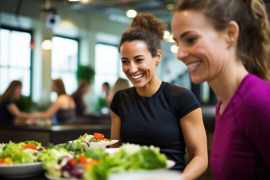 Fit women eating salad. AI Generated