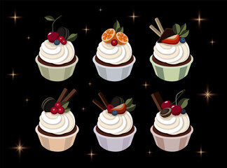Set of cakes with berries fruits chocolate oreo cookies waffles cherries strawberries currants