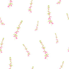 Pink foxlove, smartass, devils bell, tiny genuine flowers vector seamless pattern for International Womens Day, March 8th, floral background, wallpaper, paper wrapping