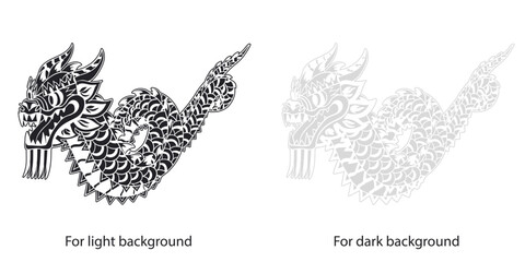 Fototapeta na wymiar Black and white silhouette of Chinese Dragon dance. Isolated sketch for light and dark background. Vector picture for traditional Chinese New Year or Lantern festival illustration, holiday design.