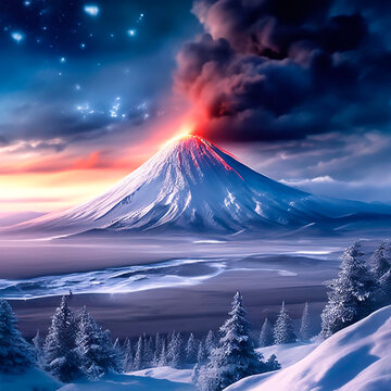 winter mountain landscape with volcano