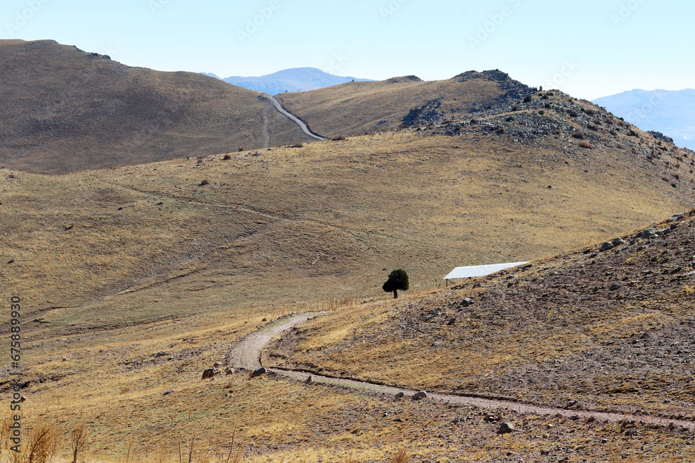 Poster landscape with mountains and blue sky