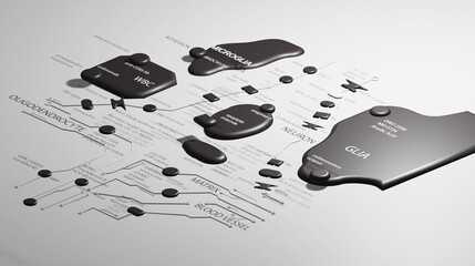 Brain Circuits mapped onto a 2D surface with technical terms. Blood vessels. Matrix. Neuron. Glia. Oligodendrocyte.