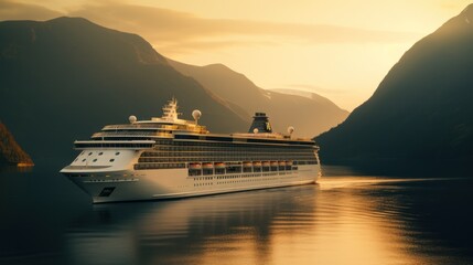 Large cruise ship in the fjord Holidays and summer - obrazy, fototapety, plakaty