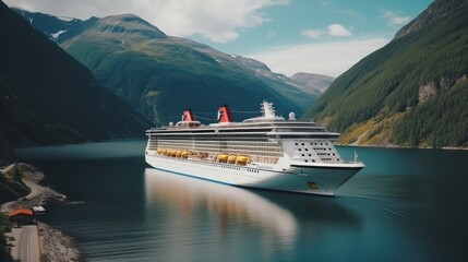 Large cruise ship in the fjord Holidays and summer - obrazy, fototapety, plakaty