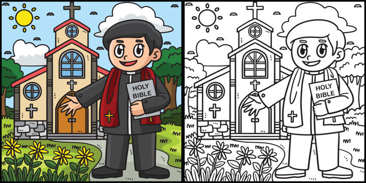 Christian Priest in Front of Church Illustration