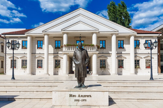 Visegrad, Republic of Srpska, Bosnia and Herzegovina - August 13, 2023: Ivo Andric monument in Andricgrad, Visegrad. Construction project by film director Emir Kusturica.