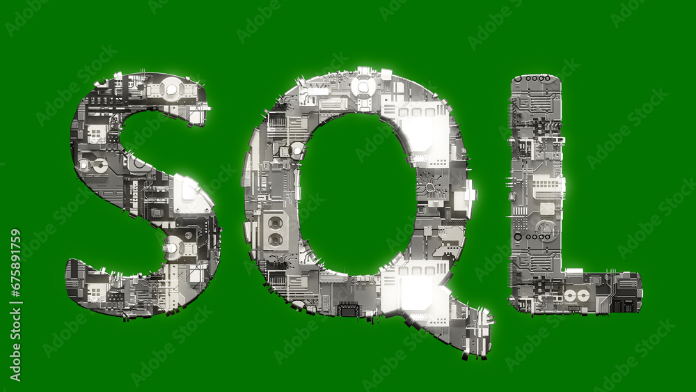Poster industrial style cybernetic text sql on chroma key screen bg, isolated - object 3d rendering