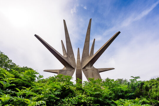 Sopot, Serbia - June 11, 2023: Kosmaj monument in the Kosmaj mountains. Monument to the Fallen Soldiers of the Kosmaj Partisan Detachment, Kosmaj mountain near Belgrade, Serbia