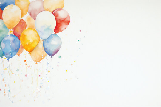 Floating watercolor balloons with vibrant splashes on white
