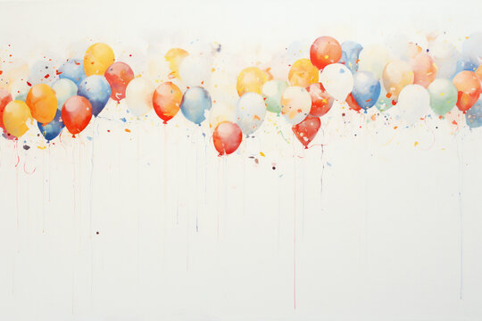 Colorful watercolor balloons with paint splatters on white