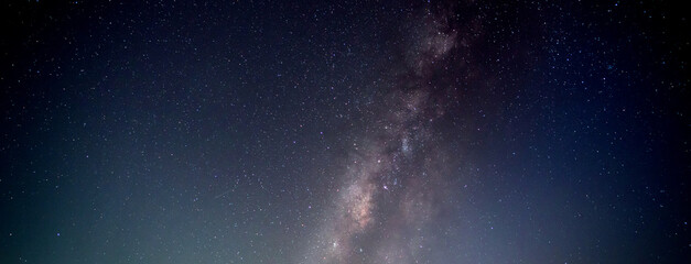 Panorama blue night sky milky way and star on dark background.Universe filled with stars, nebula and galaxy with noise and grain.Photo by long exposure and select white balance. - obrazy, fototapety, plakaty