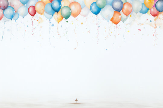 Balloons floating above tiny figure on white