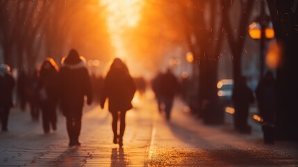 Many people walk out of work. Blurred sunset background