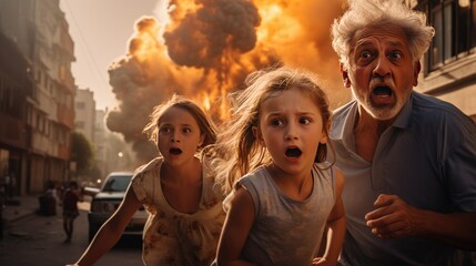 old people and children Escape from the missile attack on the city in fear and terror