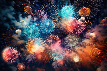 Obraz na płótnie Canvas Sky sparkles with festive colorful fireworks for New Year and Christmas greetings. Design for postcards, presentations, posters,or banners.