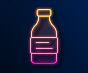 Glowing neon line Bottle of water icon isolated on black background. Soda aqua drink sign. Vector