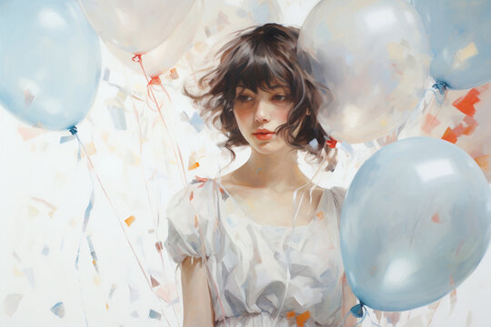 Woman with short hair among pale blue balloons