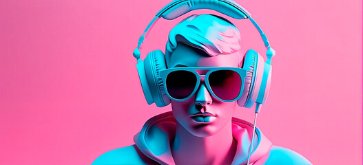 A male sculpture in headphones. Lo-fi style sculpture wearing sunglasses listening to music on pink background with copy space.