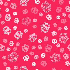 Naklejka premium White line Pretzel icon isolated seamless pattern on red background. German comfort food pastry. Oktoberfest festival. Vector