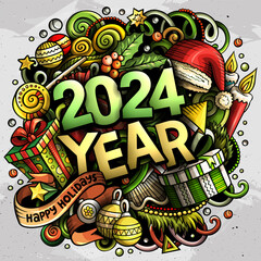 2024 doodles illustration. New Year objects and elements poster