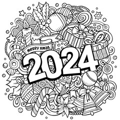 2024 doodles illustration. New Year objects and elements poster