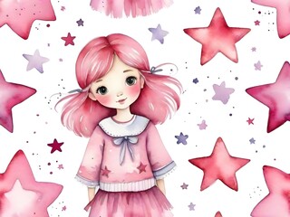 Cute. A girl watercolor star. White background. Generative AI