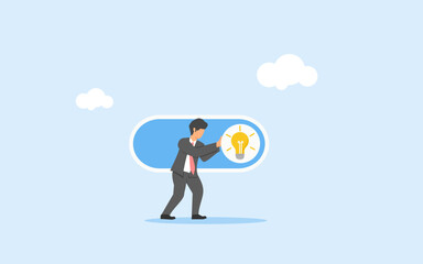 Activating idea. Turn on new idea or innovation. Businessman pushing the on button which has the symbol of a light. Enable knowledge and inspiration. Discover solution to solve problem