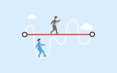 Easy way vs difficult way. Smart businessman chooses easier shortcuts to achieve his goal.Business competition won by those who dare to take a different path. Easy shortcut to leave competitors behind