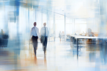 Fototapeta na wymiar Two professionals walking through a bright modern office space