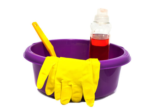 plastic pink sink with cleaning tools