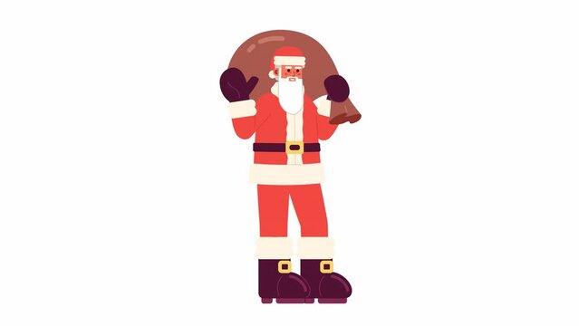 Gift bag Santa Claus waving hand cartoon animation. Merry Christmas bearded old man 4K video motion graphic. Traditional costume Saint Nicholas 2D color animated character isolated on white background