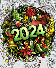 2024 doodles illustration. New Year objects and elements poster