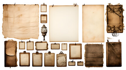 aged paper sheets, books, pages and old postcards isolated on white background. vintage photo frames. antique clipboard and photo corner. generative AI.