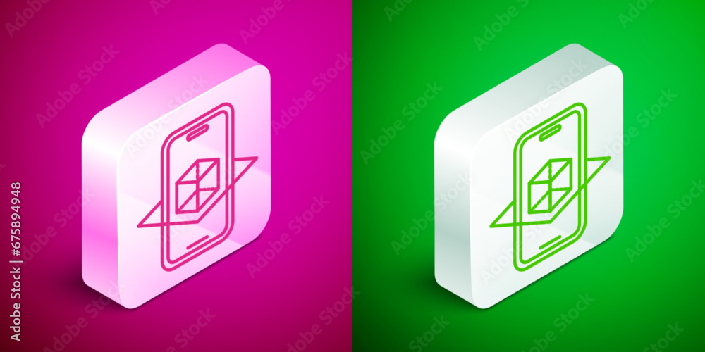 Wall mural isometric line 3d modeling icon isolated on pink and green background. augmented reality or virtual 