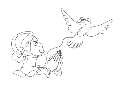 Continuous single one line drawing of Woman with Two Hands Pressed Together in Prayer Position and Flying Dove. Pray for peace. Action for Prayer, Gratitude and Thankful Isolated on White Background
