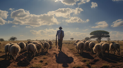 African shepherd walking with his sheeps 