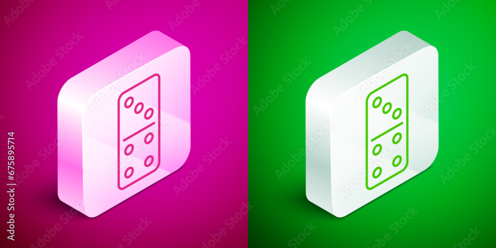 Wall mural Isometric line Domino icon isolated on pink and green background. Silver square button. Vector