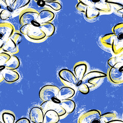 floral seamless background pattern, with abstract flowers, with paint strokes and splashes, on blue - 675895760