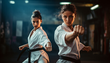 young Indian women practicing karate lesson with a friend, contrast image