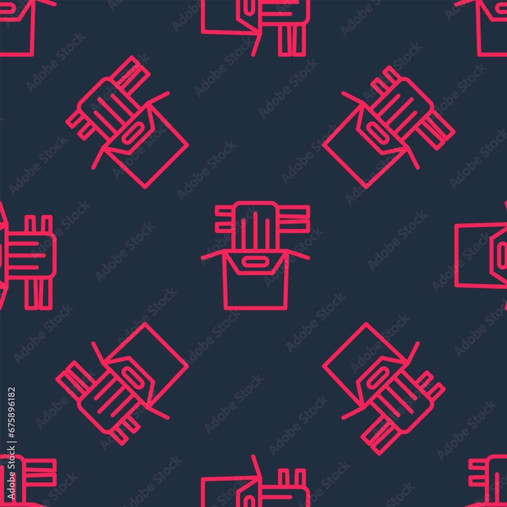 Wall mural Red line Asian noodles in paper box and chopsticks icon isolated seamless pattern on black background. Street fast food. Korean, Japanese, Chinese food. Vector