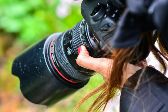 Cannon DLSR camera in action, selective focus background image of a photographer taking macro photos of nature, rainy weather